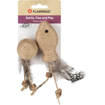 Image de Flamingo Jouet pour Chat Yutsa Balle Poisson Brun 15x4,5x2,5cm avec Bruit de cliquetis et Plumes Exerce Un Effet apaisant