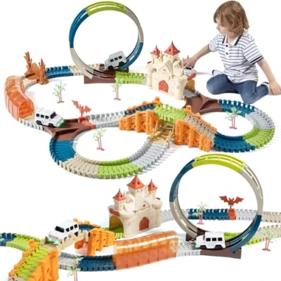 Image de TUMAMA Jouets de Piste Course, Circuit Voiture Enfant Flexible Circuit, Pont et Tunnel, 202 Pièces Jouet 2 Jeux Cadeaux Noel pour Enfants Garçons Filles 3 4 5 6 7 Ans