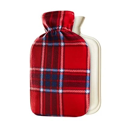 Image de CityComfort Bouillotte Eau Chaude avec Housse en Polaire Douce Motif Fantaisie, Caoutchouc Naturel 2L (Chèque Rouge)