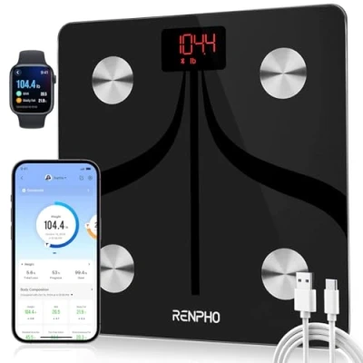 Image de RENPHO Balance Pèse Personne Rechargeable USB, Connecté Bluetooth Impedancemetre avec 13 Données Corporelles (BMI/Muscle Eau Graisse Corporelle), 11&quot;x11, 400bl 180kg, Noir