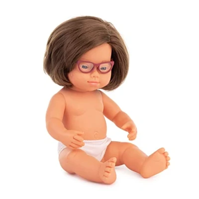 Image de Miniland Poupee BÉBÉ Fille CAUCASIENNE avec Syndrome du Down Lunettes 38 CM Beige, 31110