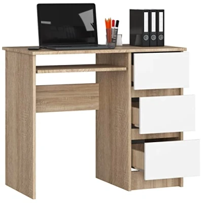 Image de BDW bureau d&#039;ordinateur avec 3 tiroirs et 1 tiroir coulissant pour clavier, ordinateur portable, école, d&#039;adolescent 90 x 77 50 cm, Chêne Sonoma/Blanc.