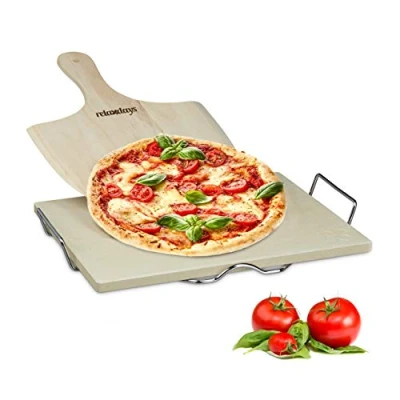 Image de Relaxdays 10020488 Pierre à pizza 1,5 cm épaisseur cuisson au four avec spatule en bois pour et flammeküche HxlxP: x 38 30 cm, nature