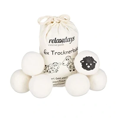 Image de Relaxdays Boules de séchage XXL, 6 balles sèche Linge, en Laine Mouton, écologique, Set Pratique, Ø 7 cm, Blanc