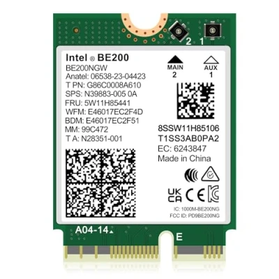Image de WiFi 7 Carte sans Fil Intel BE200NGW, Bluetooth 5.4, 5800Mbps M.2/ngff Support réseau Windows 10/11 (64bit), Linux (AMD Non supporté). Idéal pour Les routeurs WIFI7/WIFI6E/WIFI6/WIFI5.