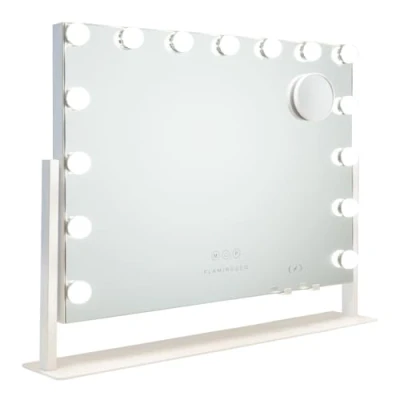Image de Flamingueo Miroir Coiffeuse Hollywood 15 LED, Maquillage Lumineux 3 Modes, Position Réglable 360º, Chargeur Wireless, Blanc