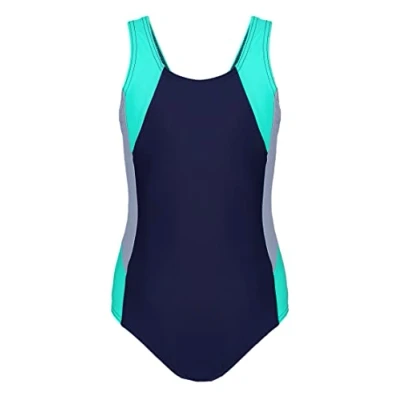 Image de Aquarti Maillot de Bain pour Fille Natation Une Pièce Sportif, Bleu foncé/Gris/Vert, 152