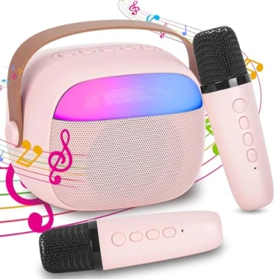 Image de Micro Karaoke Enfant sans Fil avec 2 Micro, Portable Karaoké Bluetooth Magique Voix Change et LED Lumière Qualité Sonore HiFi Mini Microphone Jouet Complet pour Fille Garçon Cadeau