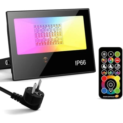 Image de projecteur à LED avec télécommande, 50W RGBW d&#039;extérieur intensité variable, étanche IP66, câble de 1,8m, fonction mémoire minuterie Fête mariage Noël