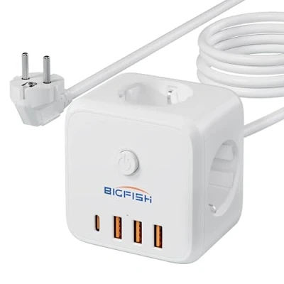 Image de Bigfish 7 en 1 Multiprise USB Cube avec Interrupteur, Parafoudre et Rallonge Electrique 3M, Prise Multiple Type C 3 Ports pour Domicile, Bureau, Voyage