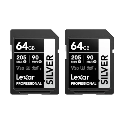 Image de Lexar Silver Lot de 2 Cartes SD 64Go, UHS I Carte SDXC Jusqu&#039;à 205 Mo/s en Lecture, 90 écriture, V30, 4K UHD Video, U3, Classe 10, Mémoire avec Lifetime Data Recovery