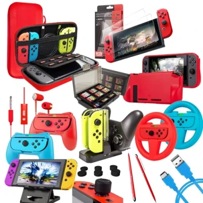 Image de Orzly Geek Accessoires Pack pour Nintendo Switch: Housse &amp; Protection écran, Volants Grips Joy Con, Dock Chargeur Les manettes Console Switch, et Plus d&#039; Accessoires. [COLORÉ]