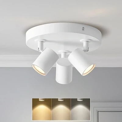 Image de ANWIO Plafonnier Spots, 3 Spots de Plafond LED Intérieur Max 40W, Blancs, Base Ronde, Spot Pivotant (Ampoules Incluses).(EUCS LG11A)