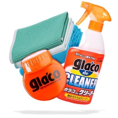 Image de detailmate Kit de Nettoyage et Vitrification des vitres Voiture, avec nettoyant Soft99 Glaco Cleaner 400ml, Roll on Large 120ml 2 Chiffons gaufrés Microfiber Monkey à polir
