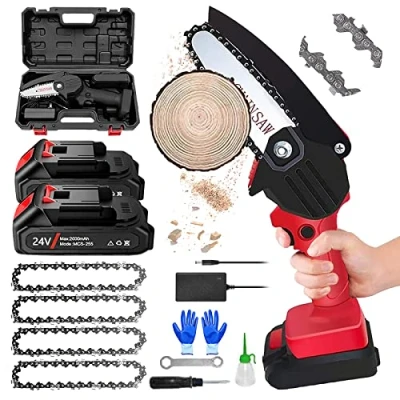 Image de Mini Tronconneuse a Batterie, Portable 2 Batteries et 4 Chaine, Pouces Petite 1kg Léger Secateur Electrique Sans Fil pour Jardin, La Coupe Du Bois