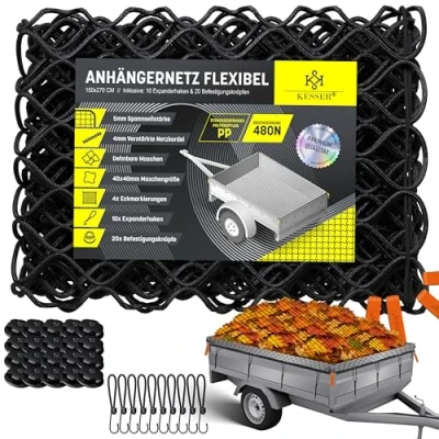 Image de KESSER® Filet de remorque 1,5 x 2,7 m extensible à mailles fines suspension avec corde serrage et cordon en pour sécuriser le chargement sécurité élastique Marquages