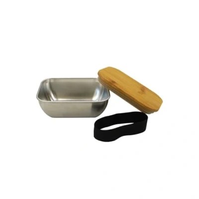 Image de Fackelmann 683333 Lunchbox pour Micro Ondes en INOX 400ml, Boite Repas Le midi, Acier Inoxydable, Couvercle Bambou, 13x10x5,5cm