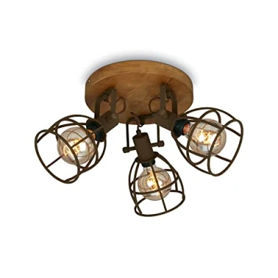 Image de Briloner Plafonnier rétro avec abat jour grillagé, 3 flammes vintage, douille E27 max. 25 watts, réglable, spot de plafond rustique en acier, brun 2670 034