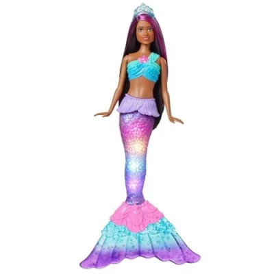 Image de Barbie Poupée Brune Dreamtopia Sirène Lumières Scintillantes, 30 Cm, avec Fonction Lumineuse Au Contact De L’Eau Et Cheveux À Mèches Roses, Jouet Enfant, A Partir 3 Ans, HDJ37