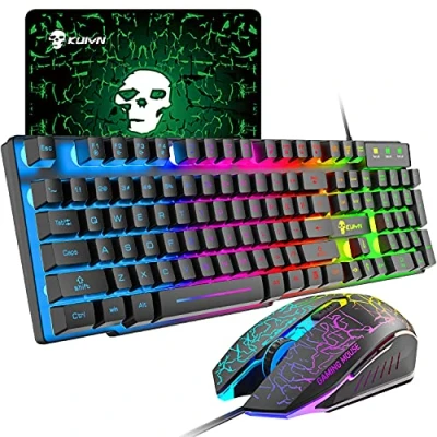 Image de UrChoiceLtd 2017 MeiING T6 Arc en Ciel Rétroéclairé USB Jeux Clavier + 2400DPI 6 Boutons Optique LED Souris Gratuit Tampons 220 * 180 5mm (Clé Lumineuse, Noire)
