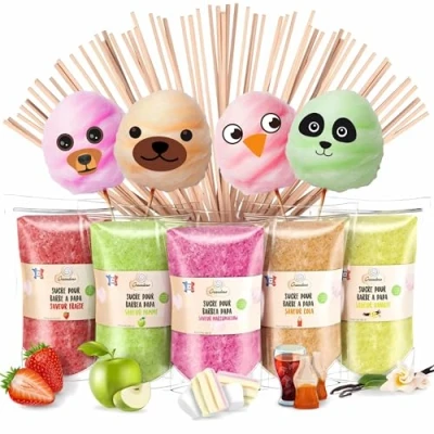 Image de GREENDOSO® Sucre Barbe à Papa pour Machine (5x160 gr) Arômes &amp; Colorants Naturels Lot de 5 Goûts (Fraise/Cola/Pomme/Marshmallow/Vanille) 20 Bâtonnets