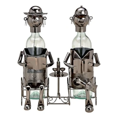 Image de Spetebo Porte bouteille de vin anthracite 33 x 21 cm Deux hommes à table Bouteilles décoratif avec figurines en métal Cadeau d&#039;amitié Sculpture Support