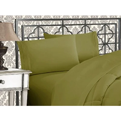 Image de Elegant Comfort Parure de lit Douce 4 pièces à Contexture 1500 Fils avec Broderie Trois Lignes, résistante aux Plis et la décoloration, pour Double, Vert Sauge