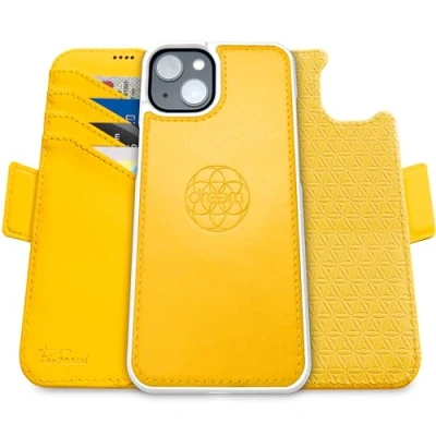 Image de dreem Fibonacci Compatible avec iPhone 15 funda cartera / 2 en 1 étui Antichoc et Folio Amovible Cuir végétal, MagSafe, Protection RFID [Jaune]