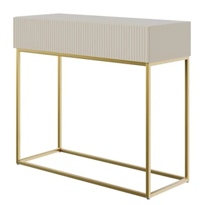 Image de Selsey Console D&#039;Entrée Deboute avec Tiroir À Lamelles 90 x 79 cm sur Pieds Dorés Beige Gris Veldio