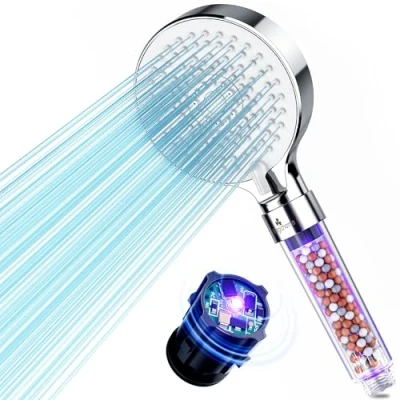 Image de Magichome Pommeau de douche avec filtre 3 couches et 395 nm 400 Lumière UV Douchette à main 5 types jet Haute pression Économie d&#039;eau pour eau dure chlore résiduel