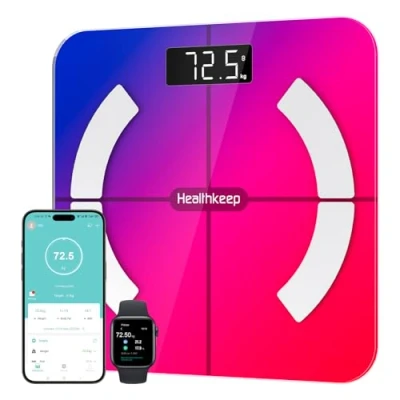 Image de Balance Pèse Personne, Healthkeep Impédancemètre Bluetooth Connectée Haute Précision avec App 13 Indicateurs pour Andriod et iOS Max 180kg/400lb/28st, 28 * 28CM Multicolore