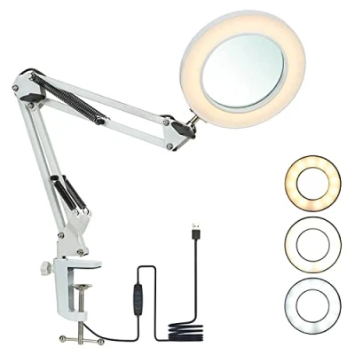 Image de Lampe Loupe à LED avec Pince, Lumière de 8 Dioptries éclairées 3 Couleurs Bras Pivotant, Dimmable pour la Lecture Table ou Atelier(8X)