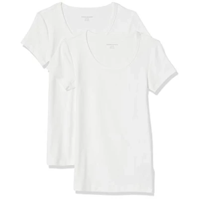 Image de Amazon Essentials T Shirt Ajusté à Manches Courtes et Encolure Dégagée Femme, Lot de 2, Blanc, M