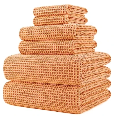 Image de Polyte 6 Serviettes de Bain en Microfibres sèche Rapidement/ne Peluche Pas Tissu alvéolé Orange Assortiment différentes tailles/152 x 76,2 cm