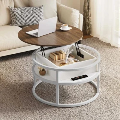 Image de YITAHOME Table Basse Relevable, avec Rangement Caché, 80x80X47cm, Salon Ronde Cadre Métallique Robuste, Forte Charge Portante