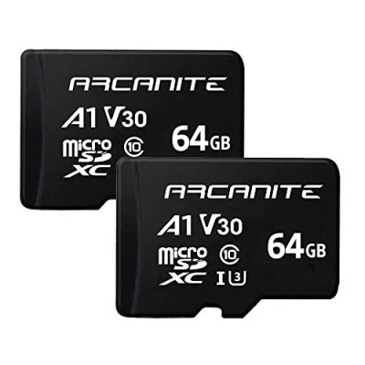 Image de ARCANITE Lot de 2, 64 Go Cartes Mémoire microSDXC UHS I U3, A1, V30, 4K, C10, microSD, Vitesse lecture maximale 90 Mo/s