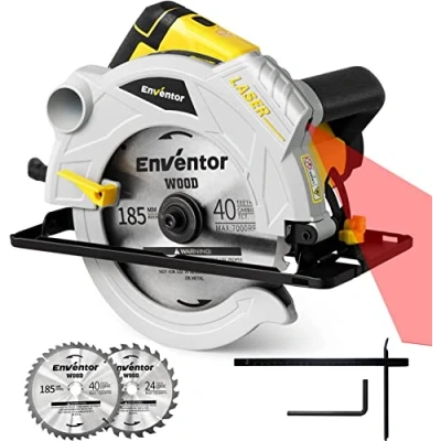 Image de scie circulaire 1500W, ENVENTOR à main avec rail de guidage &amp; laser, 5500RPM, (Ø lame : 185mm, incl. 2*scie (24T+40T), profondeur coupe max. 65mm