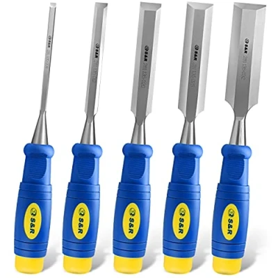 Image de S&amp;R Ciseaux Burin à bois coffret 5pcs :6, 12, 20, 25, 32mm, poignées multi composants, utilisation professionnelle, dans un transparent.