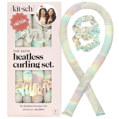 Image de Kitsch Ensemble de bigoudis en satin sans chaleur Rouleaux nuit pour boucles douces, bandeau à friser Aura