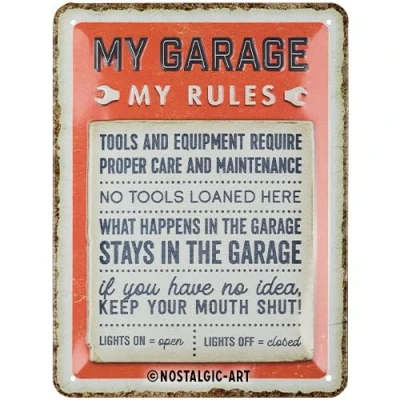 Image de Nostalgic Art Plaque rétro, 15 x 20 cm, My Garage, Rules Idée de cadeau pour l&#039;artisan, en métal, design vintage avec slogan