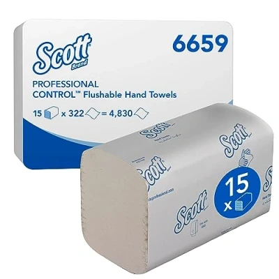 Image de Scott Control, 6659, Essuie mains pliés jetables dans les WC, 1 épaisseur, Blancs, 15 paquets de 300 feuilles