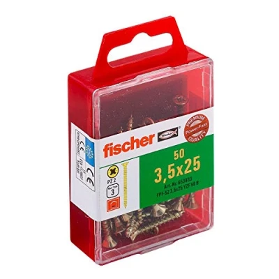 Image de Fischer 653933 Power Fast Lot de 50 Vis à tête fraisée 3,5 x 25 mm VG PZ galvanisée Jaune