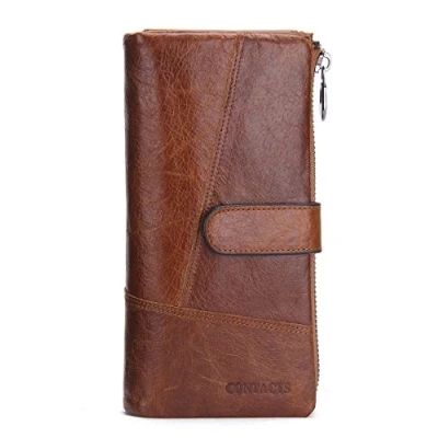 Image de Contacts Portefeuille en Cuir véritable à Deux Plis pour Rangement avec Longue Fermeture 12 Cartes (Marron)