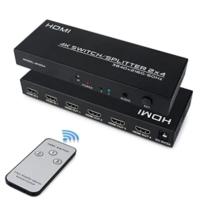 Image de HDMI Switch Splitter 2 in 4 Out, Commutateur Répartiteur avec Télécommande &amp; SPDIF Audio Prend en Charge 4K@60Hz HDCP2.2 HDR, pour Monitor PC PS4 TV Laptop Xbox