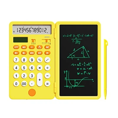Image de NEWYES Calculatrice de Base Rechargeable Améliorée avec Bloc Notes 6,5 Pouces, Standard Poche à 12 Chiffres Fonction 2 en 1 Portable pour l&#039;école Bureau (Jaune)