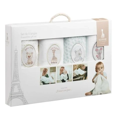 Image de Set de 4 langes lavables Sophie la Girafe en tissu 100% coton pour bébé multiples usages 70 x cm dès naissance