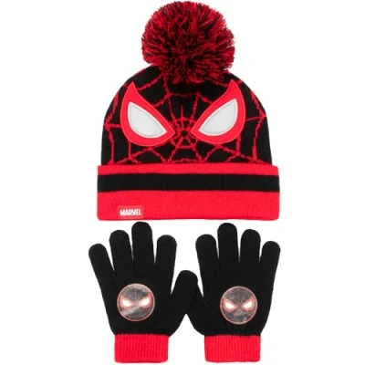 Image de Marvel Spiderman Ensemble Bonnet et gants d&#039;hiver pour garçon chauds confortables Idéal les enfants de 3 à 9 ans, Noir , taille unique