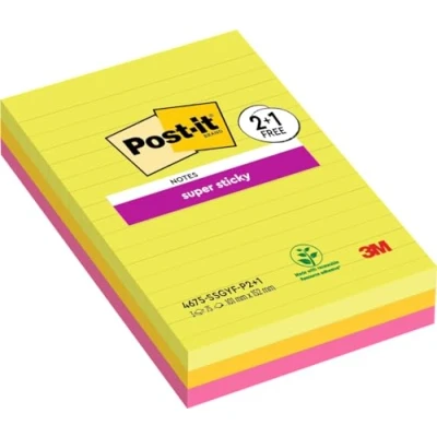 Image de Notes Super Sticky Post it Grand Format, Couleurs Assorties, Lignées, 101 mm x 152 mm, 76 Feuilles/Bloc, 3 Blocs/Paquet