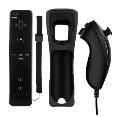 Image de QUMOX Manette pour Wii, Controleur de Mouvement à Distance, Télécommande et Nunchuk, Console Remplacement Compatibles avec Wii U Etui Protection en Silicone Noir