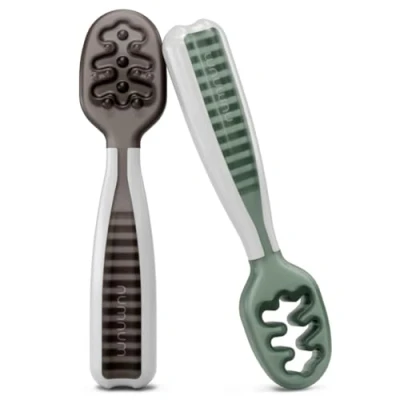 Image de NumNum Cuillères Bébé Apprentissage 2 pre en Silicone (étape 1 + étape 2) #1 Recommandé par les Experts de Sevrage Idéal BLW (Gris/Vert)